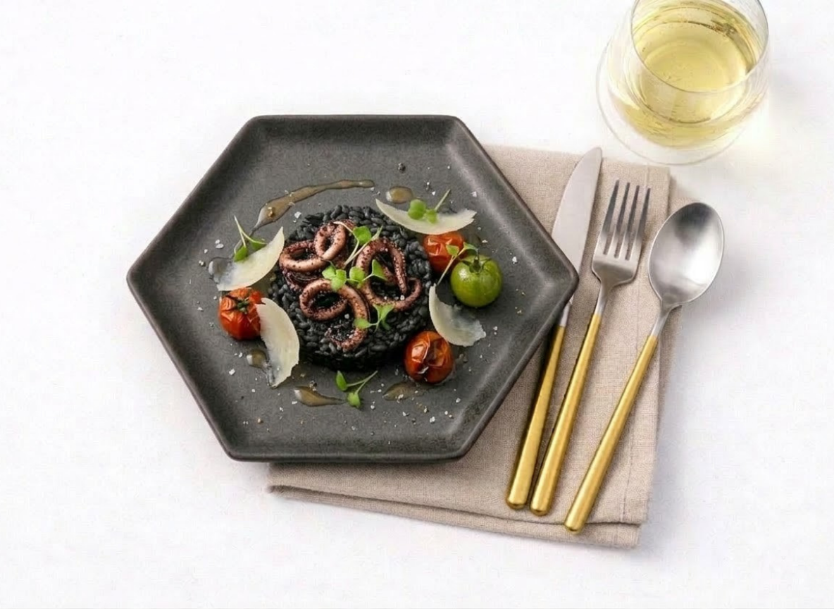 Black Ink Risotto with Calamari & Parmesan – Carbon Luxe