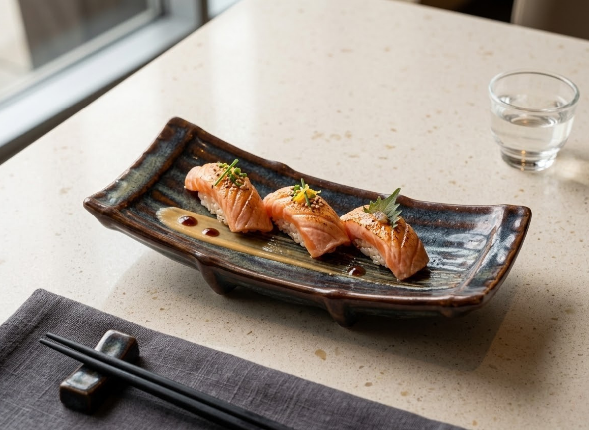 Salmon Aburi Nigiri Trio – Emerald Essence