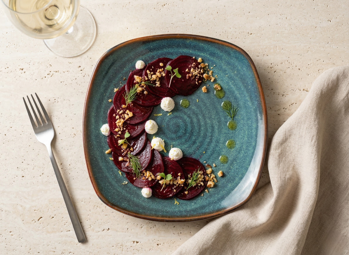 Beetroot Carpaccio, Goat Cheese & Walnut – Indigo Symphony