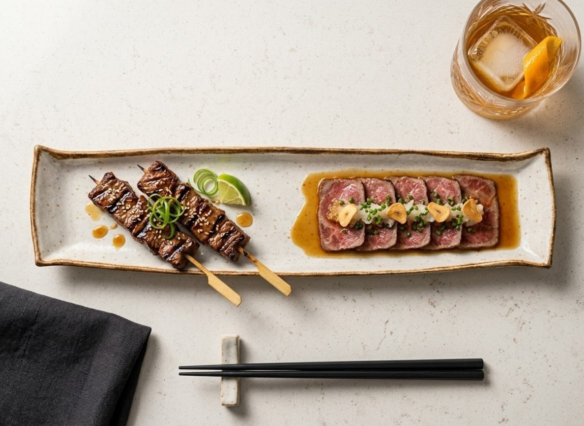 Robata Beef Skewers & Wagyu Tataki, Truffle Soy 3 – Golden Sands