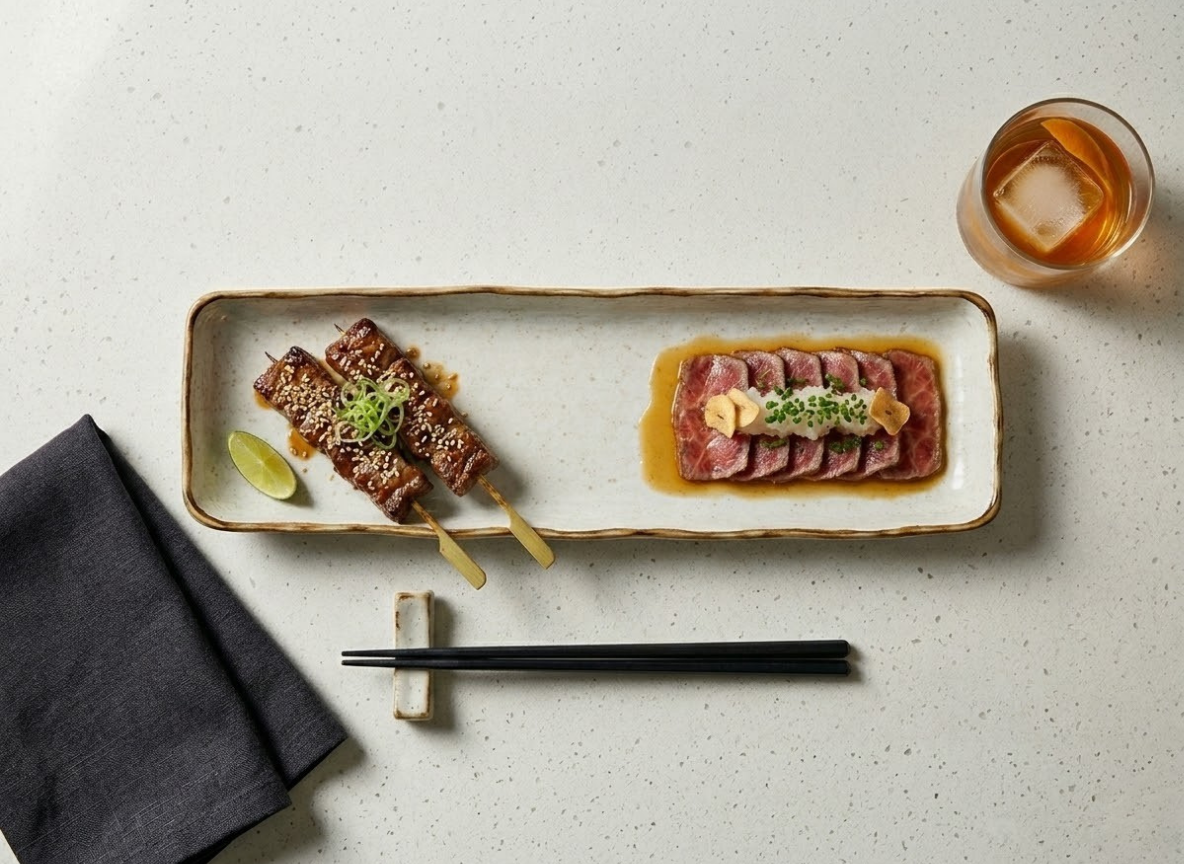 Robata Beef Skewers & Wagyu Tataki, Truffle Soy – Golden Sands