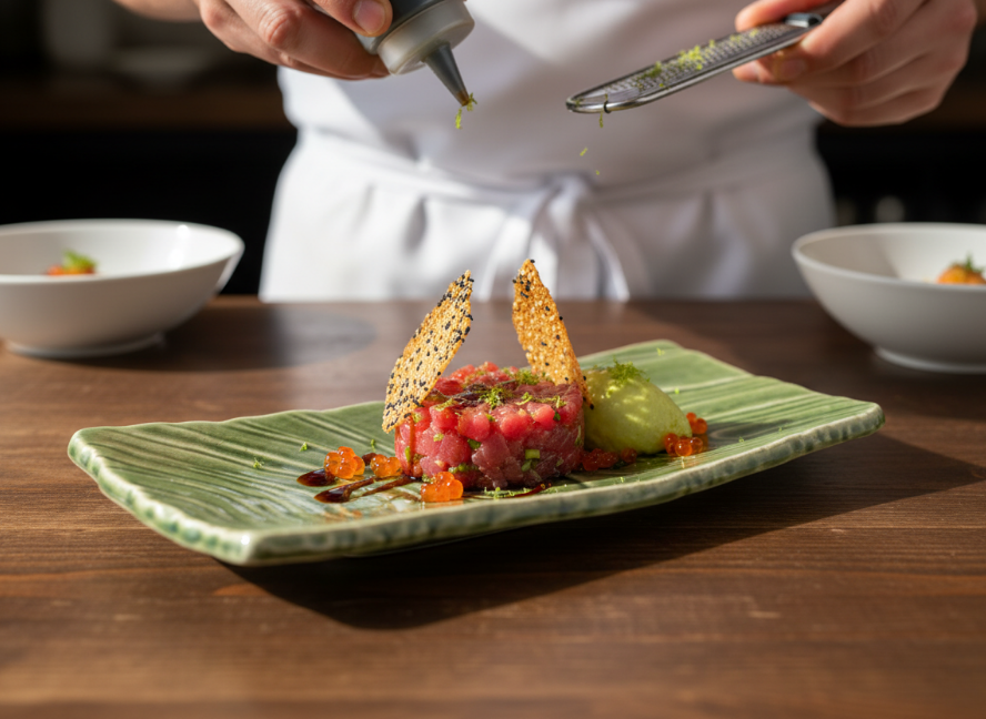 Tuna Tartare with Sesame Tuilles and Roe – Lemon Moss