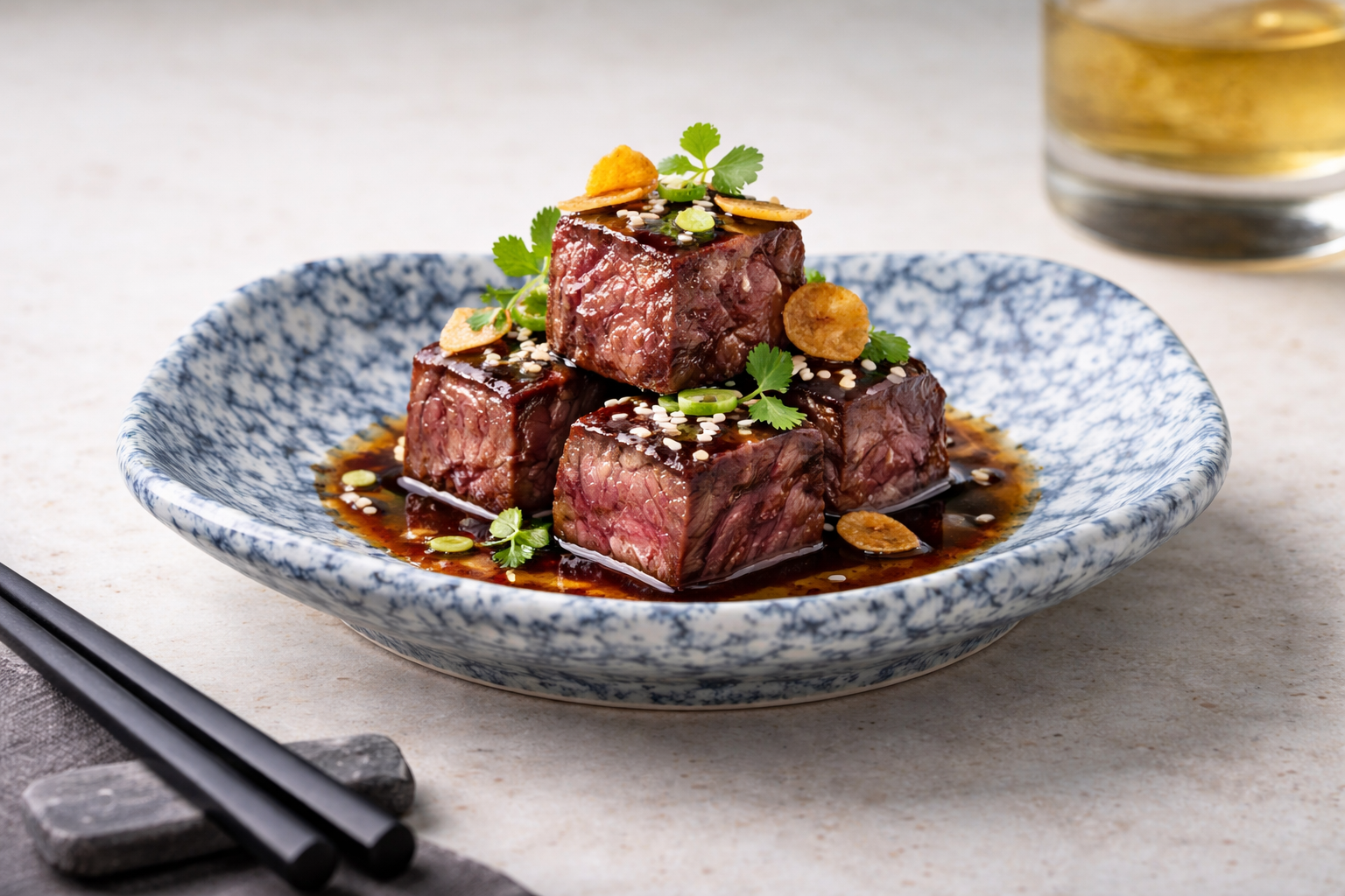 Wagyu Steak Cubes, Truffle Soy & Crispy Garlic 2 – Ocean Speckle