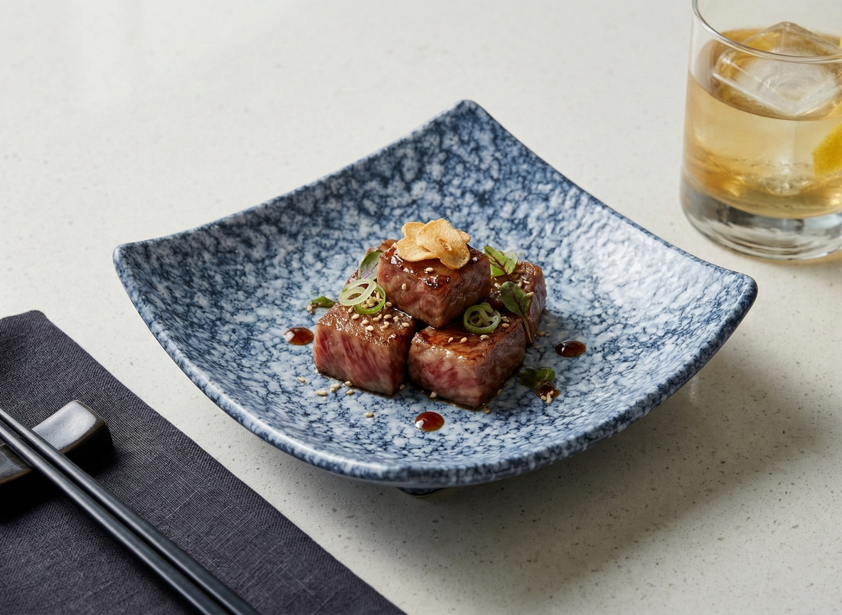 Wagyu Steak Cubes, Truffle Soy & Crispy Garlic – Ocean Speckle