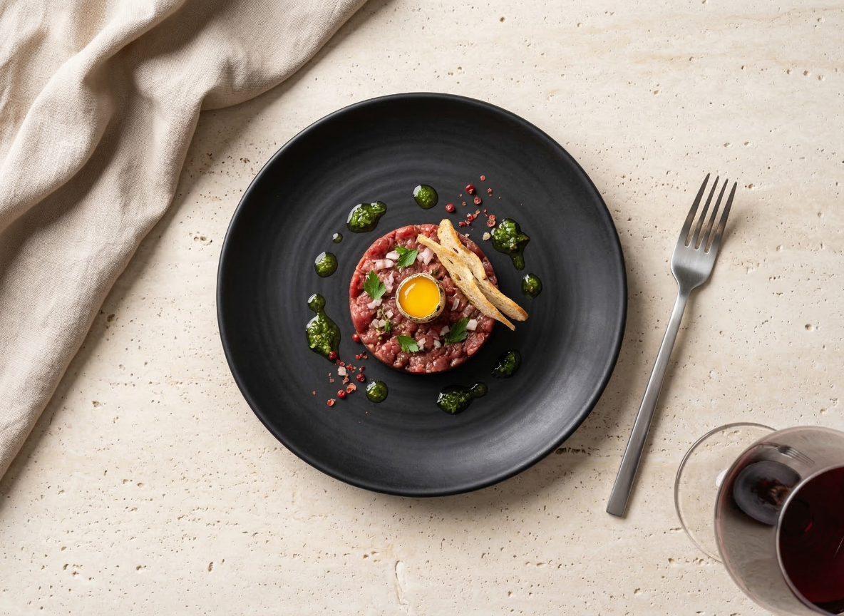 Argentine Beef Tartare, Chimichurri & Quail Egg – Midnight Matte